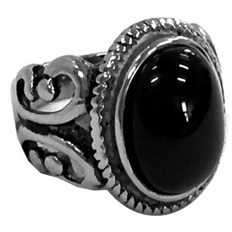 Anello in acciaio pietra nera medioevale cromato/argento - MISURA 11 / 21mm